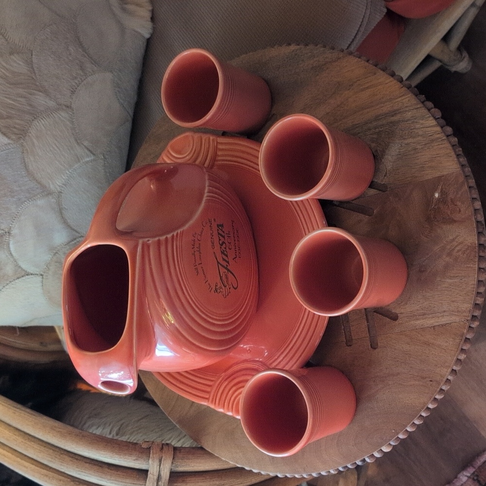 "6"Fiestaware Persimmon Permotional Set "1996"Water Pitcher,Tumblers&Cake Plate